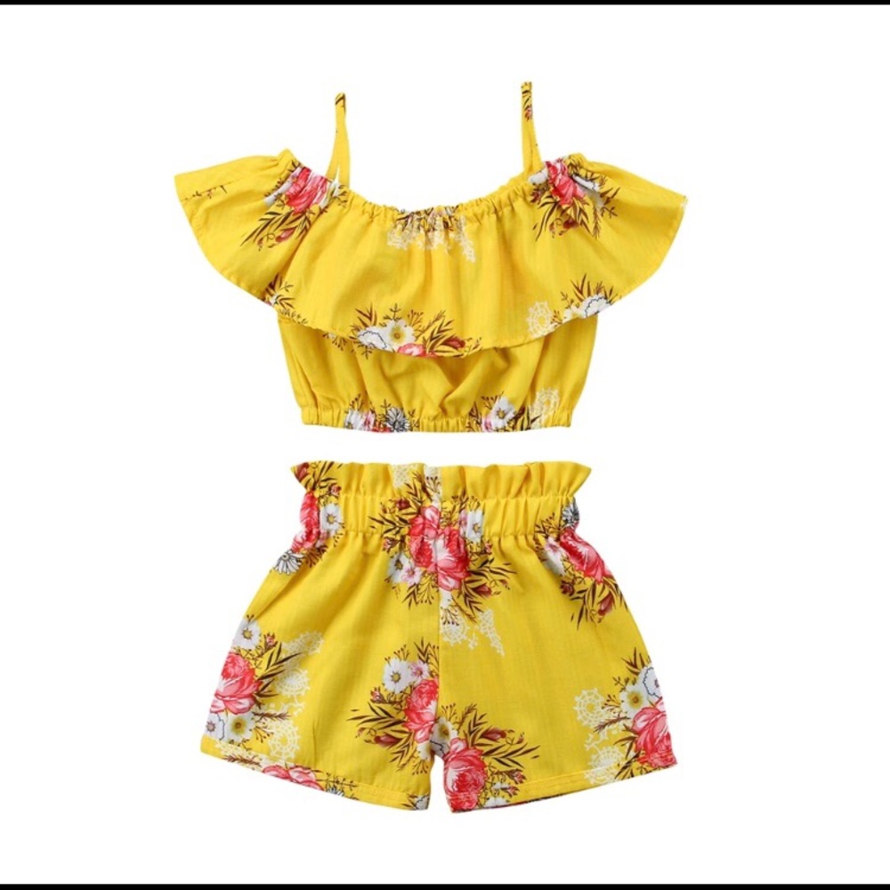 Kids Baby Girl Off The Shoulder Floral Set Outfit - Picture 6 of 7